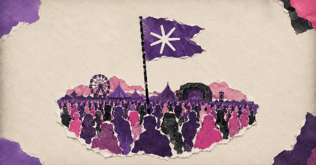 A torn-paper collage of a festival crowd at sunset, with a purple flag flying above a ferris wheel, tents and paper-cut people in purple, pink and black.