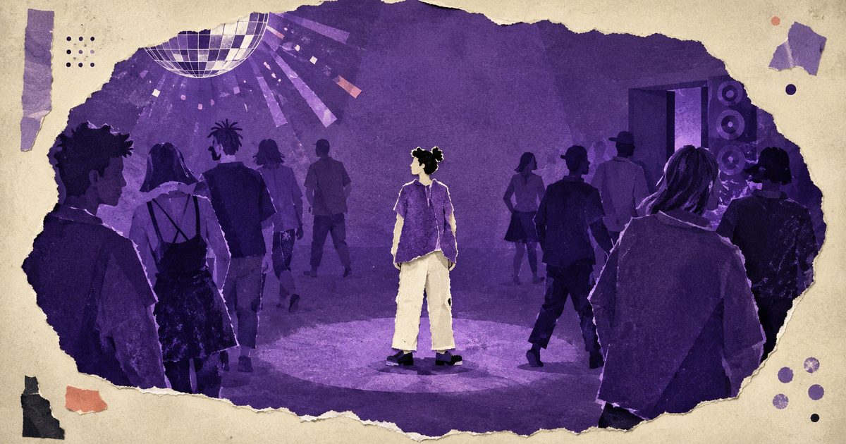 A torn-paper collage of one person standing alone in a purple club room, surrounded by a paper-cut crowd facing away under a silver disco ball.