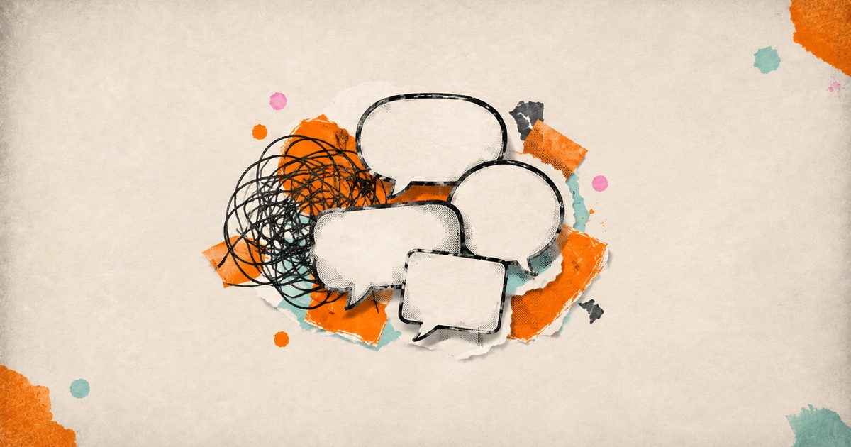 A torn-paper collage of tangled blank speech bubbles unravelling from a scribble, symbolising Partycast untangling the group chat.