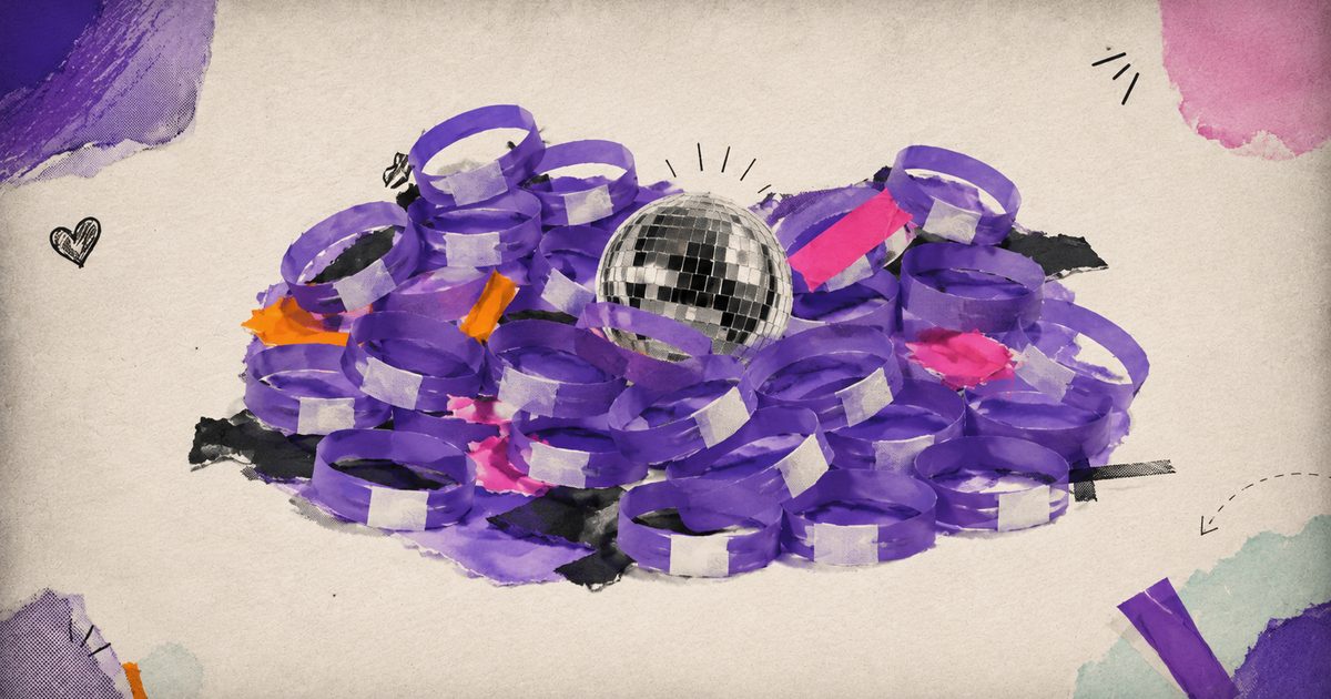 A torn-paper collage of a pile of purple party wristbands with a silver disco ball nestled in the centre, symbolising queer parties becoming mainstream.