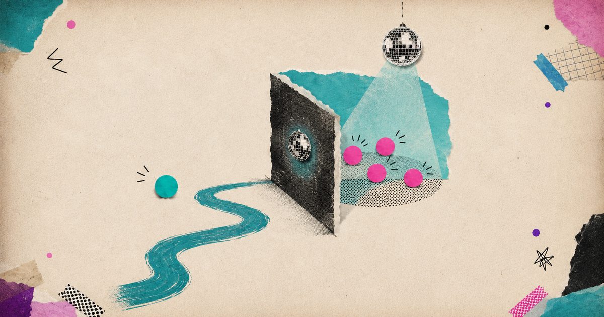 A torn-paper collage of a black door opening onto a glowing turquoise party room with a disco ball and pink dots representing friends inside.