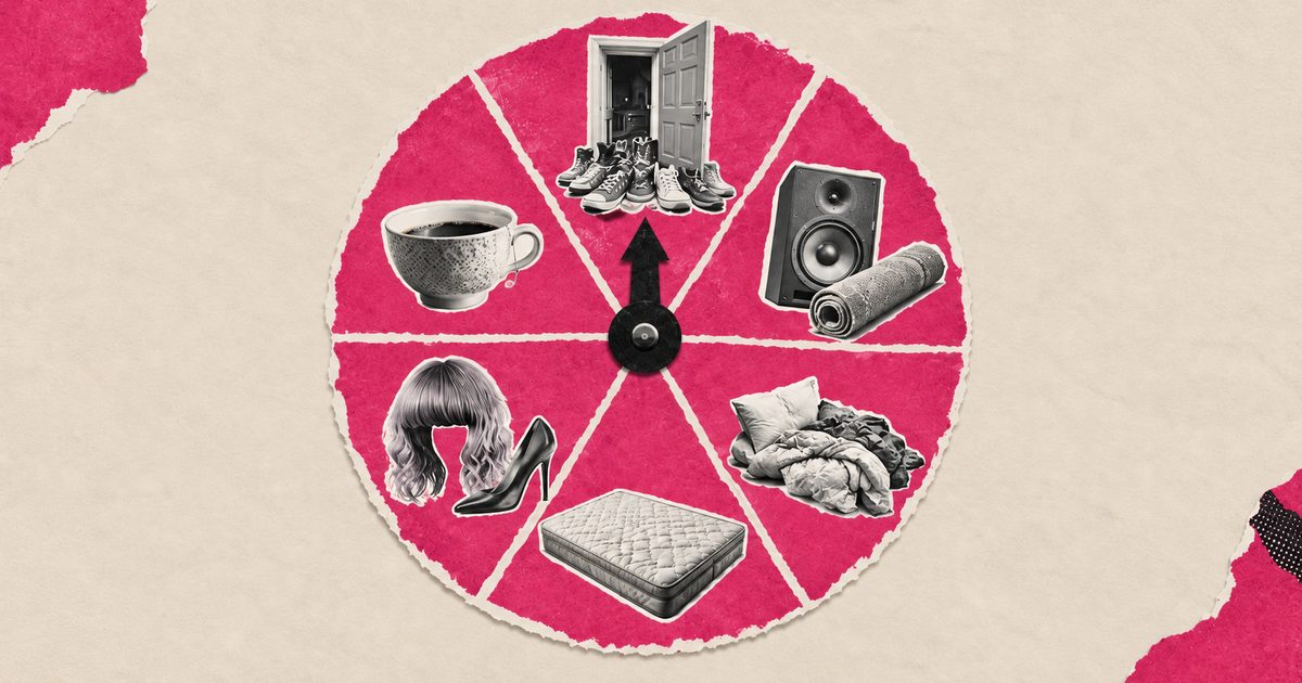A torn-paper spinner collage showing six kinds of afters: shoes at a doorway, a speaker, a pile of clothes, a mattress, a wig and heel, and a coffee cup.